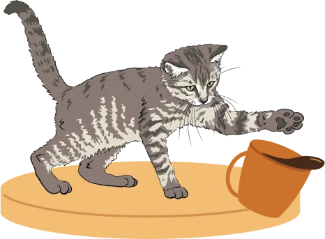 Illustrated kitten batting at a coffee mug